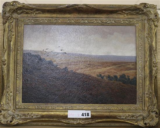 Alastair Makinson, oil on board, Driven Grouse, signed 24 x 34cm